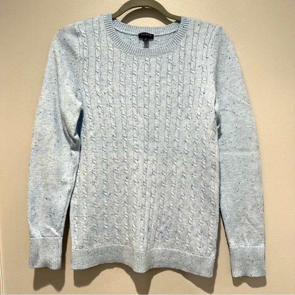 Talbots Cable Knit Crew Neck Sweater Button Detail on Sleeves Light Blue Medium